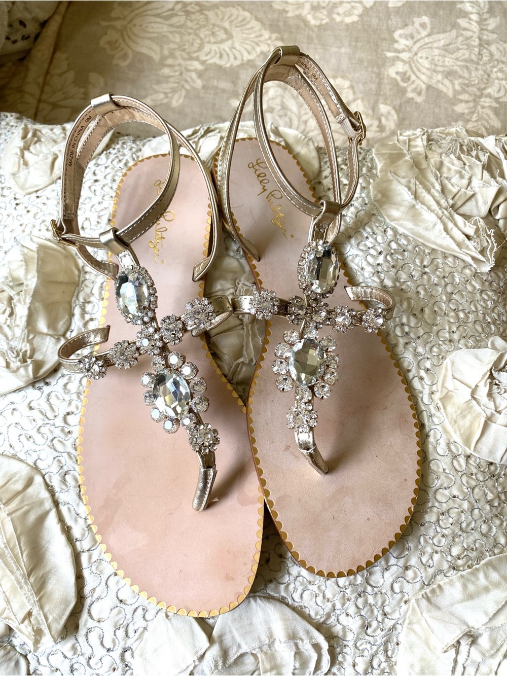 Lilly Pulitzer Katie Embellished Sandals Rhinestone Gold Metallic Sz 9 - Picture 15 of 16